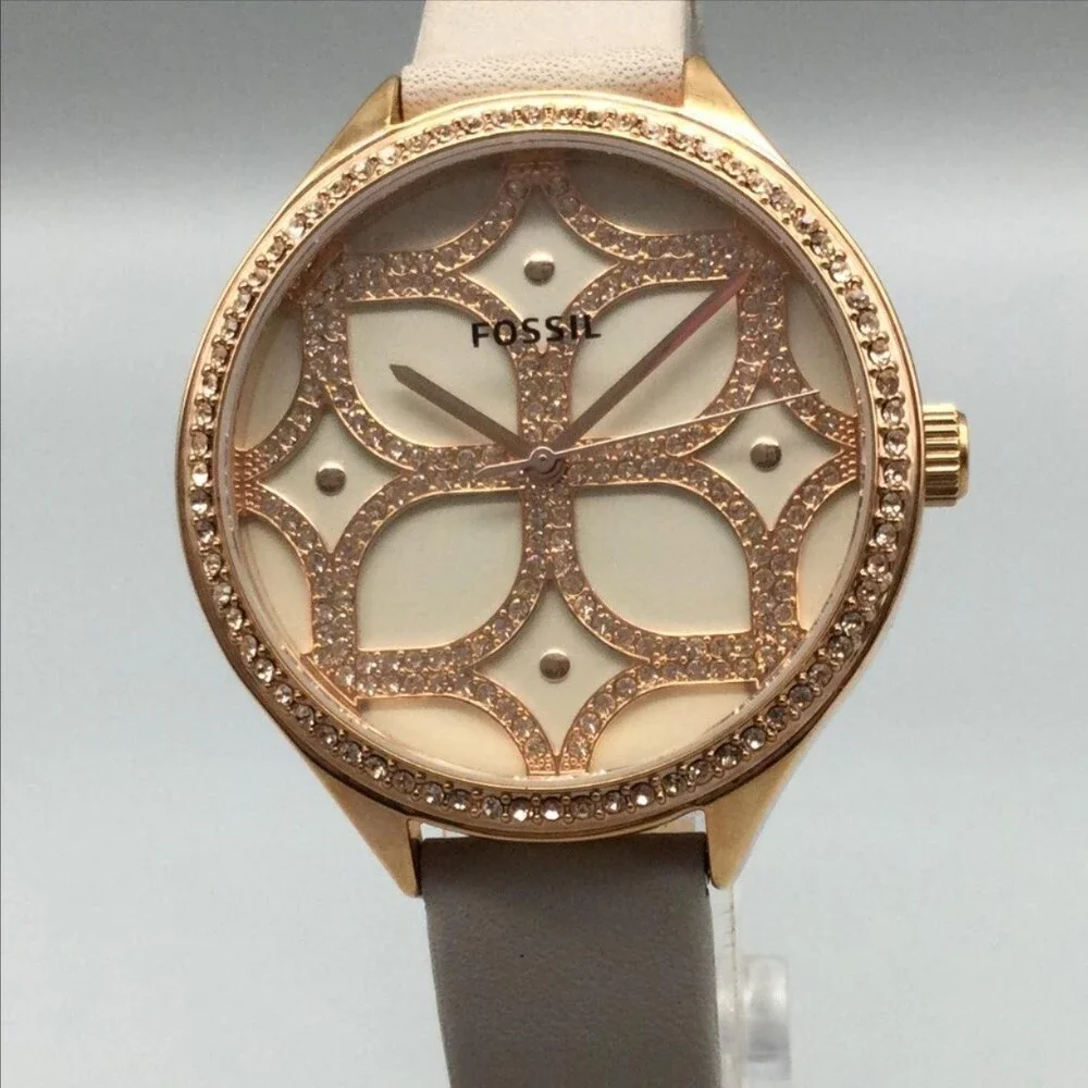 Fossil BQ3533 Womens Watch 36mm Cream Dial Beige Leather Crystals New Battery